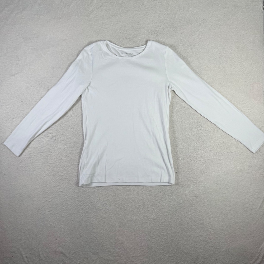 Chico's T-Shirt Womens 0 Small White Fair Long Sleeve Cotton Crew Neck Basic